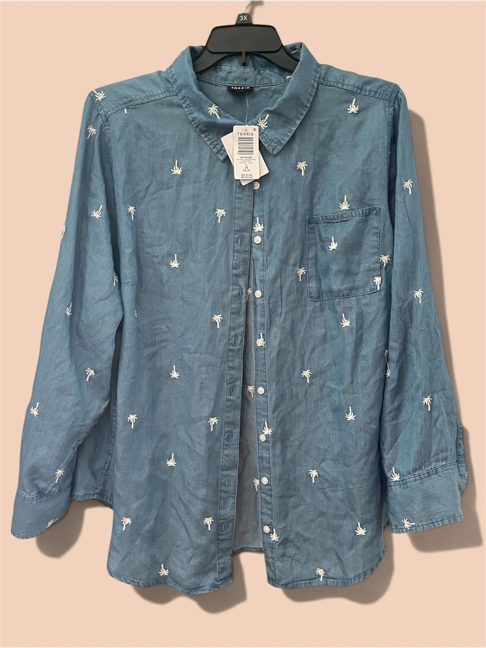 Torrid Blue Palm-Embroidered Button-Down Shirt Size 3X